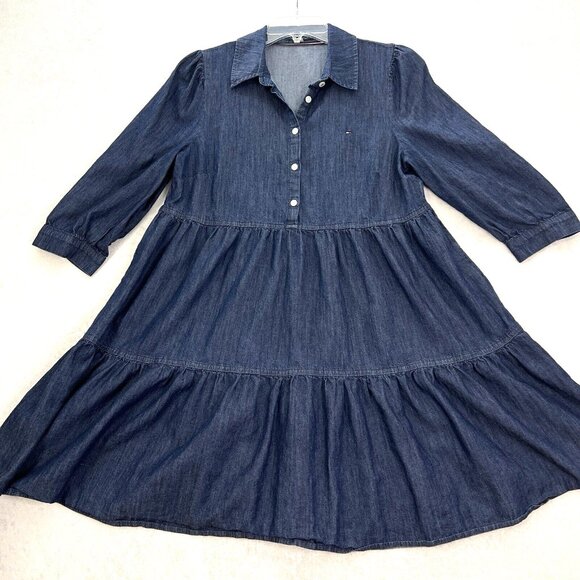 TOMMY HILFIGER Chambray Shirt Dress Tiered Dark Denim Navy Blue Popover Size 8 - Picture 3 of 14